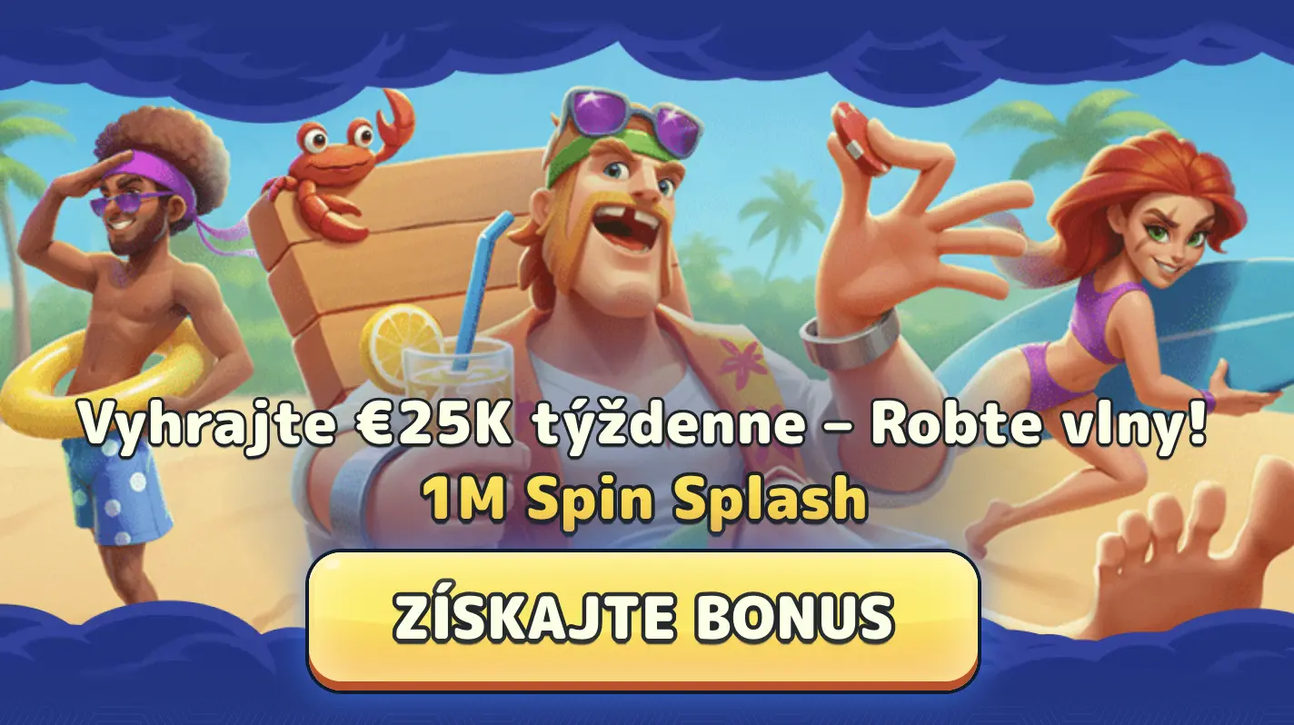 Traja animovaní hrdinovia si užívajú letnú plážovú atmosféru s nápojmi, žetónmi a krabom – promo na 1M Spin Splash.